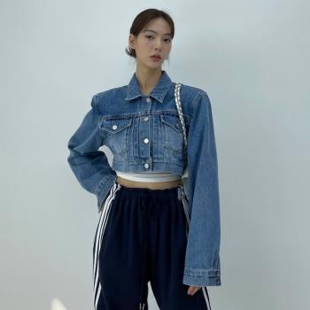 韓國chic春季新款設計感水洗藍口袋明線上衣百搭寬松牛仔短外套女