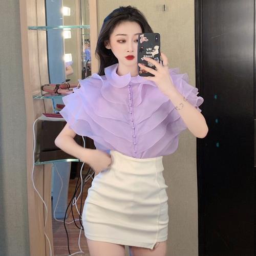 甜美層層荷葉邊拼接喇叭袖單排扣堆堆領歐根紗透視洋氣百搭襯衫女