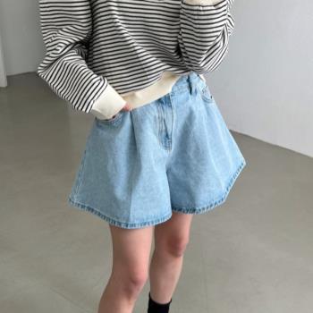 韓國chic夏季新款顯瘦高腰減齡洋氣休閑大褲擺闊腿裙褲牛仔短褲女