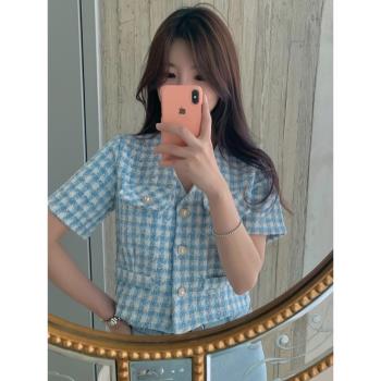 韓國chic夏季小眾厚實珍珠扣開衫上衣設計感小香風短袖格子短外套