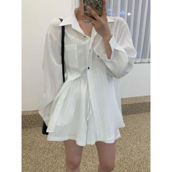 韓國chic夏季新款氣質寬松單排扣襯衫+休閑短褲小個子穿搭一整套