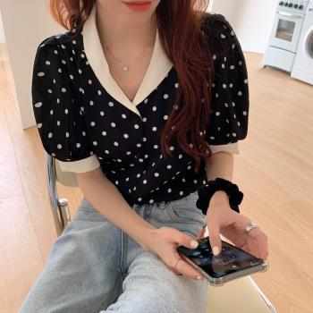 韓國chic夏季新款顯瘦氣質減齡波點拼色泡泡袖上衣翻領別致襯衫女