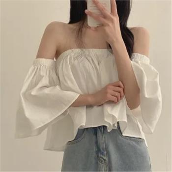 韓國chic夏季新款小清新甜美喇叭袖一字肩抹胸上衣溫柔短款襯衫女