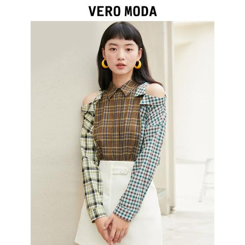Vero Moda奧萊清倉冬季復古設計感格紋拼接肩部鏤空純棉襯衫女