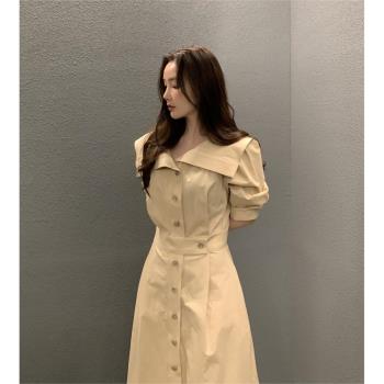 韓國chic夏季新款小香風法式名媛娃娃領單排扣收腰中長款連衣裙女
