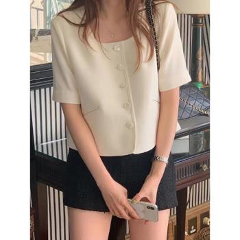 韓國chic夏季新款百搭顯瘦名媛小香風方領短款外套女短袖襯衫上衣