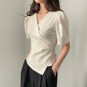 chic韓國氣質設計感V領短袖襯衫