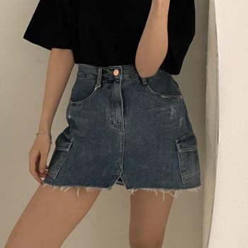 韓國chic夏季新款設計感小眾減齡洋氣高腰口袋牛仔短褲女A字裙褲