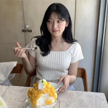 韓國chic夏季小眾氣質方領露鎖骨麻花紋上衣修身顯瘦短袖針織衫女