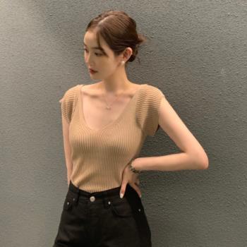 韓國chic夏季新款薄款設計感包芯紗氣質V領打底上衣短袖針織衫女