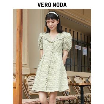 Vero Moda奧萊秋冬新款甜美法式氣質棋盤格紋修身泡泡袖連衣裙子