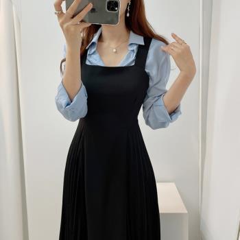 韓國chic法式翻領系帶中長款襯衫
