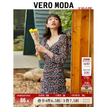 Vero Moda奧萊夏季清倉復古甜美碎花泡泡袖顯瘦修身鏤空連衣裙子