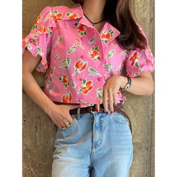 韓國chic夏季新款荷葉袖翻領襯衫減齡法式雙排扣小個子短款上衣女