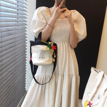 韓國chic夏季新款顯瘦小香風法式氣質方領收腰顯瘦泡泡袖連衣裙女