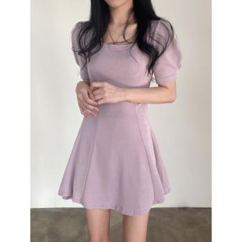韓國chic夏季新款甜美氣質方領泡泡袖連衣裙女小個子顯瘦休閑短裙