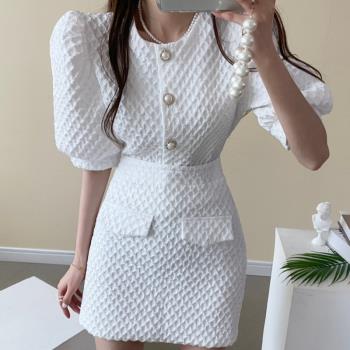 韓國chic夏季新款法式泡泡袖襯衫+包臀半身裙小香風套裝兩件套女