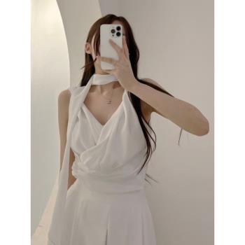 韓國chic法式V領褶皺無袖襯衫女夏季2023新款小眾氣質飄帶雪紡衫