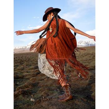 新疆西藏沙漠敦煌云南旅行度假穿搭長款流蘇馬夾麂皮絨馬甲開衫女