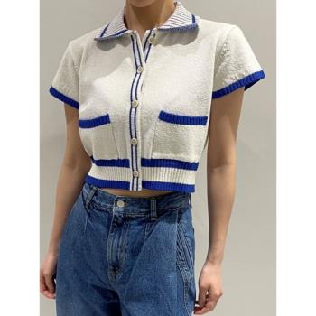 韓國chic夏季新款設計感小百搭撞色翻領單排扣針織衫別致上衣外套