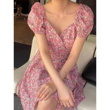 韓國chic夏季新款法式碎花V領系帶收腰露背泡泡袖小個子連衣裙女