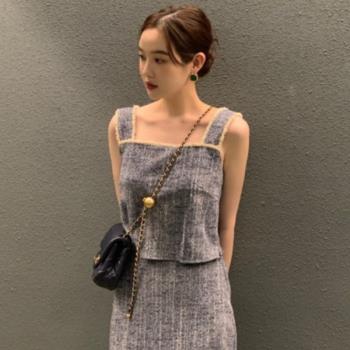 韓國chic夏季新款洋氣露肩流蘇花邊背心+高腰顯瘦半身裙女套裝