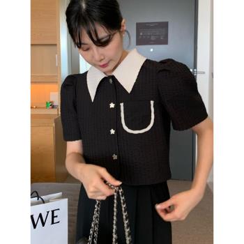 韓國chic夏季新款小香風甜美顯瘦減齡翻領拼色上衣系扣短袖襯衫女