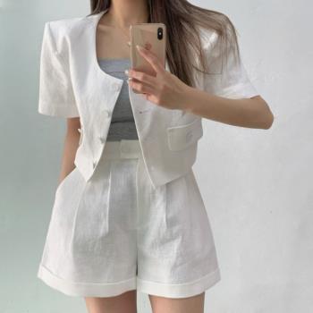 韓國chic夏季新款小香風簡約圓領短袖小外套+高腰闊腿短褲套裝女
