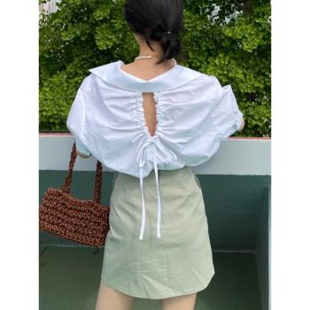 韓國chic夏季新款設計感后背鏤空系帶翻領短袖襯衫女寬松百搭上衣