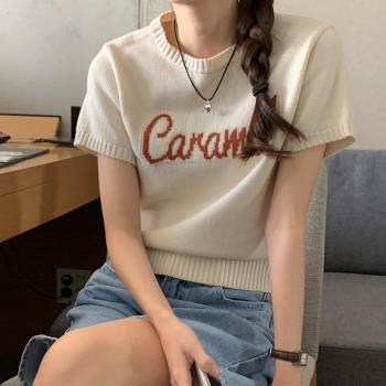 韓國chic夏季新款顯瘦百搭短袖針織衫字母印花圓領T恤別致上衣女