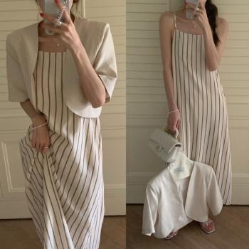 韓國chic夏季慵懶感條紋無袖吊帶背心連衣裙+短款外套時尚套裝女