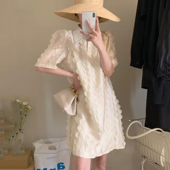韓國chic夏季新款小香風小眾百搭立體花瓣襯衫領泡泡袖連衣裙女