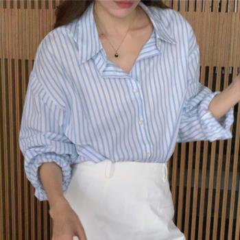 韓國chic夏季新款小清新慵懶風簡約百搭polo領上衣長袖條紋襯衫女
