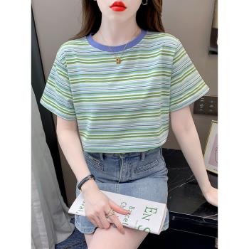 條紋t恤女夏季女裝新款2023年韓版寬松時尚百搭體恤圓領短袖上衣