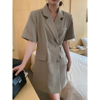 韓國chic夏季雙排口側邊系帶設計收腰顯瘦短款小個子西裝連衣裙女