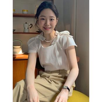韓國chic夏季新款設計感小眾百搭顯瘦減齡蝴蝶結上衣方領襯衫女