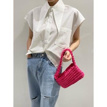 韓國chic夏季新款設計感尖尖領上衣單排扣坎肩收腰襯衫女白色襯衣