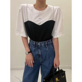 韓國chic夏季新款百搭名媛小眾設計感泡泡袖上衣拼接假兩件T恤女