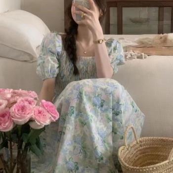 韓國chic夏季法式小眾茶歇長裙褶皺一字領高腰碎花中長款連衣裙女