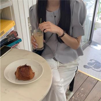 韓國chic夏季新款小香風短袖襯衫別致上衣減齡顯瘦單排扣外套女