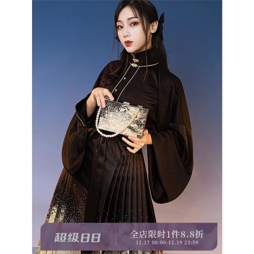 擬夢月生春江原創明制漢服立領琵琶袖短衫搭配馬面裙黑白上衫現貨