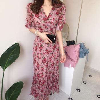 韓國chic V領魚尾連衣裙短袖