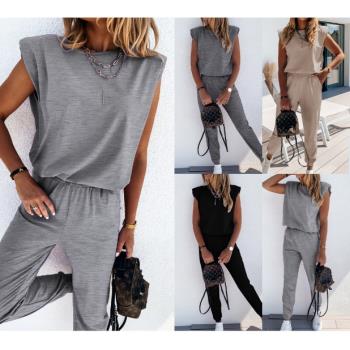 2021 women sleeveless solid color shoulder pad T-shirt pants