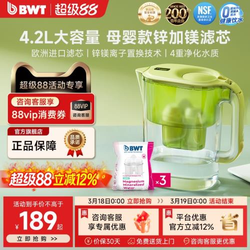 德國BWT凈水壺家用4.2L凈水器濾水器過濾水壺進口鋅加鎂濾芯套裝