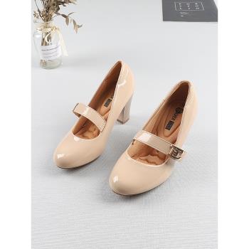 純色日常圓頭瑪麗珍鞋2022外貿新款高跟淺口粗跟漆皮歐美女式單鞋