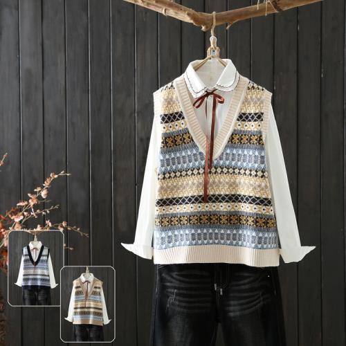 秋系文藝范提花刺繡V領針織套頭馬甲女背心純色百搭無袖毛衣坎肩