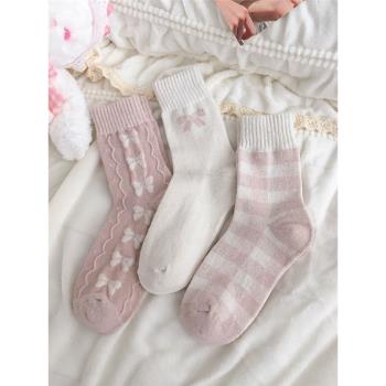 【寶藏兄弟團】粉色羊毛襪子女秋冬純棉保暖可愛蝴蝶結日系長筒襪