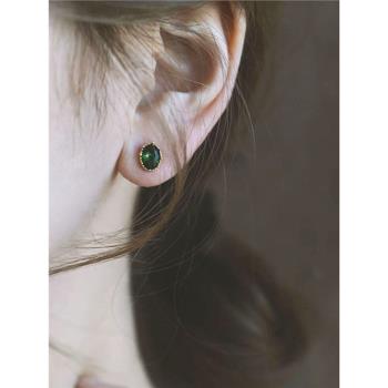 s925純銀祖母綠耳釘女小眾設計感簡約耳飾法式復古耳環高級感耳扣