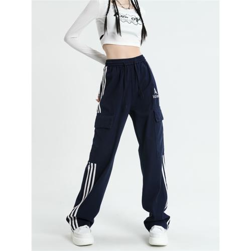 工裝褲女新款春秋季直筒vibe風休閑運動藏青色高腰窄版牛仔闊腿褲