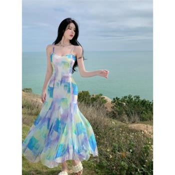 人魚姬吊帶a字連衣裙女設計感小眾收腰長裙海邊度假沙灘裙氛圍感